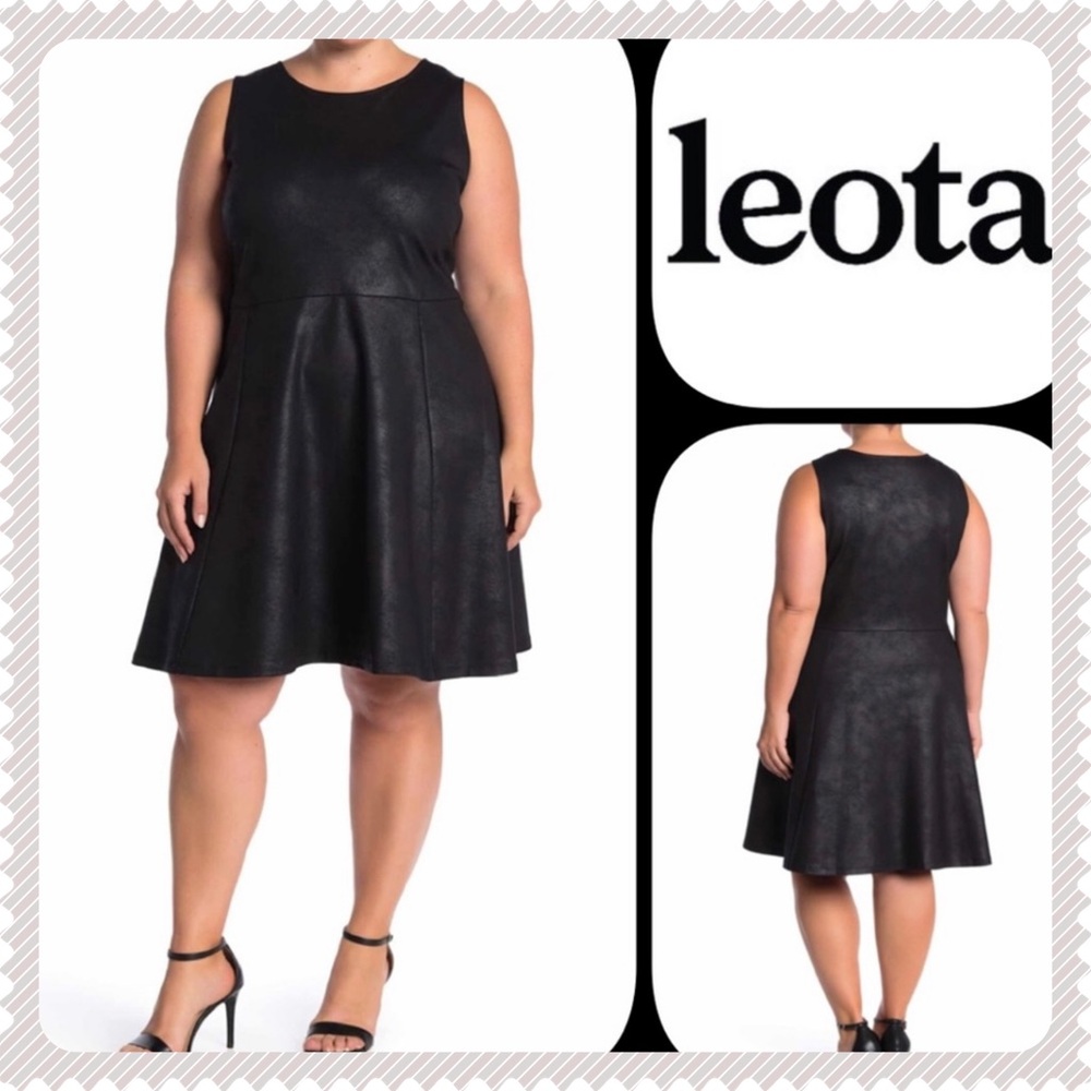 LEOTA | Black Faux Leather Fit & Flare Dress NEW
